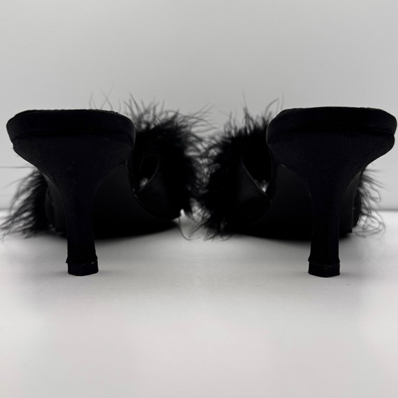 Black Feathered Satin Mules Sandals Size 6, Mantles Lingerie Dress Slippers - Picture 7 of 14